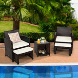 5 Pieces Patio Rattan Furniture Set with Ottoman and Tempered Glass Coffee Table-White