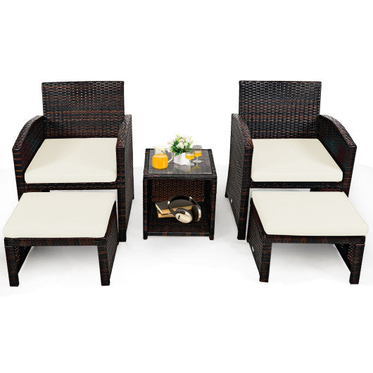 5 Pieces Patio Rattan Furniture Set with Ottoman and Tempered Glass Coffee Table-White