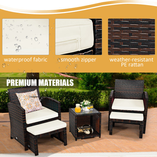 5 Pieces Patio Rattan Furniture Set with Ottoman and Tempered Glass Coffee Table-White