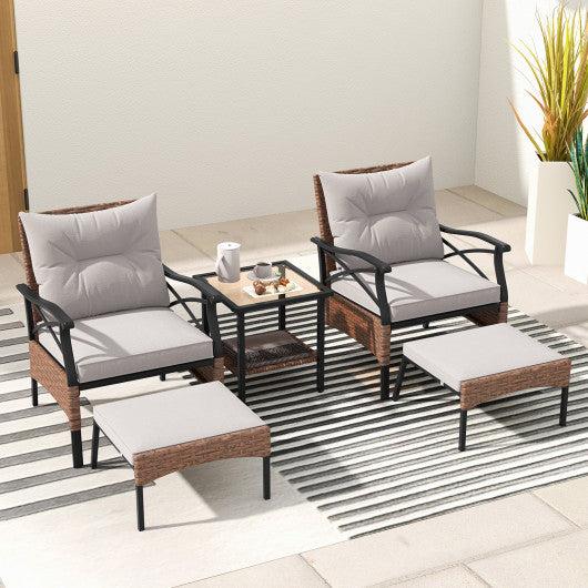 5 Pieces Wicker Patio Furniture Set Ottomans and Cushions and 2-Tier Tempered Glass Side Table-Brown