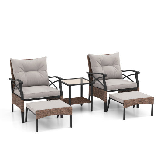 5 Pieces Wicker Patio Furniture Set Ottomans and Cushions and 2-Tier Tempered Glass Side Table-Brown