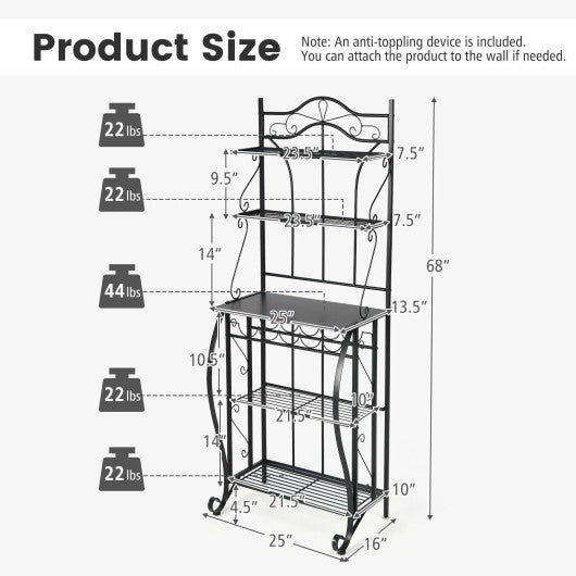 5-Tier Metal Kitchen Baker's Rack with 5 Wine Bottles Rack