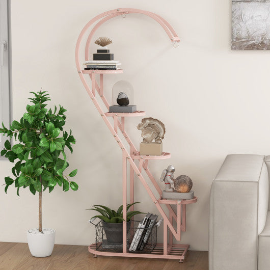 5 Tier Metal Plant Stand with Hanging Hook for Multiple Plants-Pink & Blue