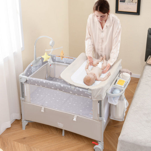 5-in-1  Portable Baby Beside Sleeper Bassinet Crib Playard with Diaper Changer-Beige