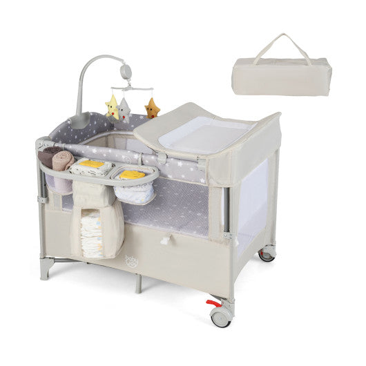 5-in-1  Portable Baby Beside Sleeper Bassinet Crib Playard with Diaper Changer-Beige