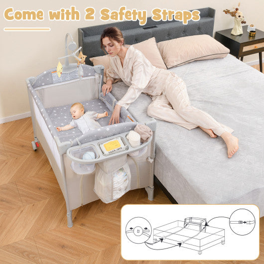 5-in-1  Portable Baby Beside Sleeper Bassinet Crib Playard with Diaper Changer-Beige