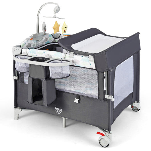 5-in-1 Portable Baby Beside Sleeper Bassinet Crib Playard with Diaper Changer-Gray