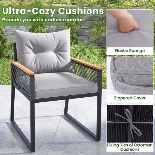 5 Piece Outdoor Rattan Conversation Set with 2-Layer Side Table and 2 Ottomans-Gray