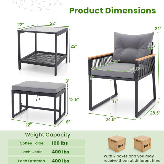 5 Piece Outdoor Rattan Conversation Set with 2-Layer Side Table and 2 Ottomans-Gray