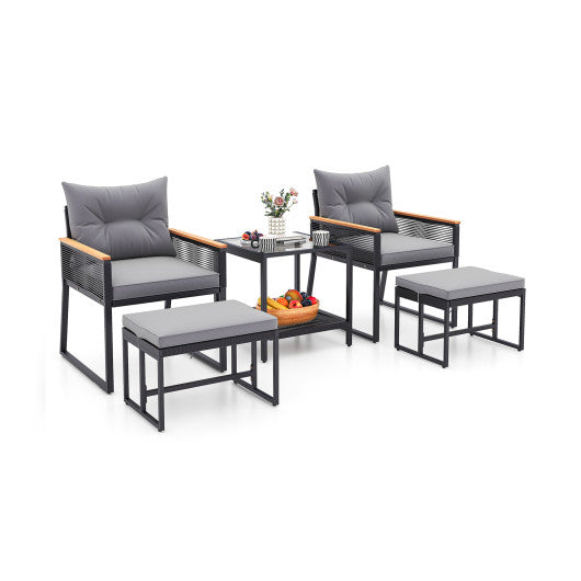 5 Piece Outdoor Rattan Conversation Set with 2-Layer Side Table and 2 Ottomans-Gray