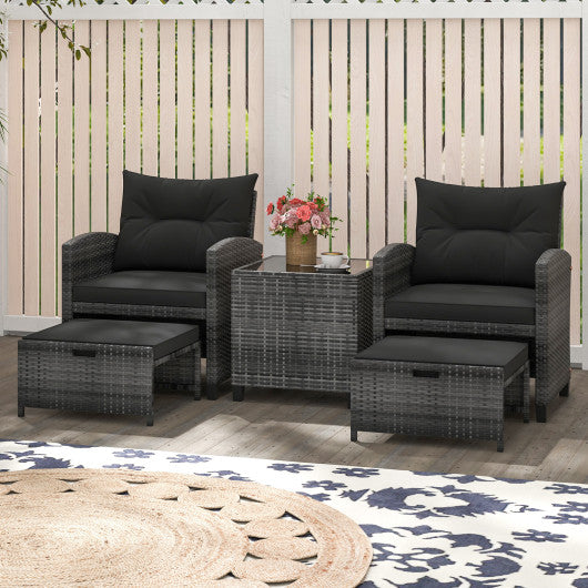 5 Piece Patio Rattan Furniture with 2 Ottomans and Tempered Glass Coffee Table-Black