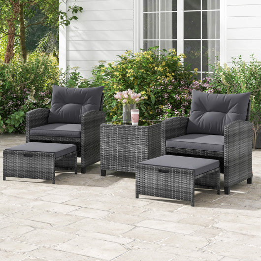 5 Piece Patio Rattan Furniture with 2 Ottomans and Tempered Glass Coffee Table-Gray