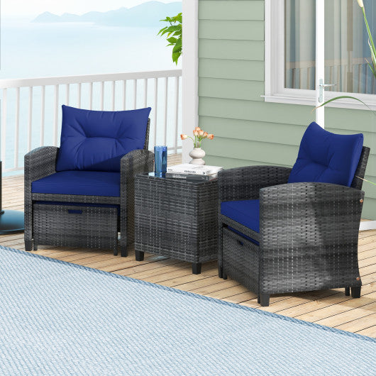 5 Piece Patio Rattan Furniture with 2 Ottomans and Tempered Glass Coffee Table-Navy