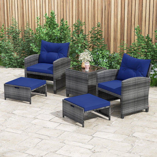 5 Piece Patio Rattan Furniture with 2 Ottomans and Tempered Glass Coffee Table-Navy