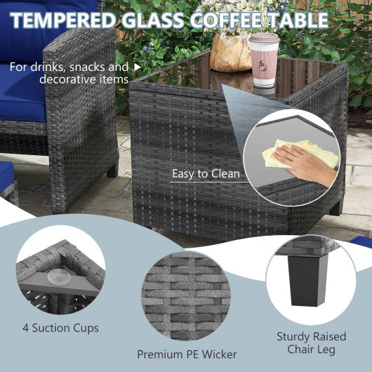 5 Piece Patio Rattan Furniture with 2 Ottomans and Tempered Glass Coffee Table-Navy