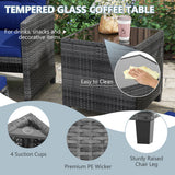5 Piece Patio Rattan Furniture with 2 Ottomans and Tempered Glass Coffee Table-Navy
