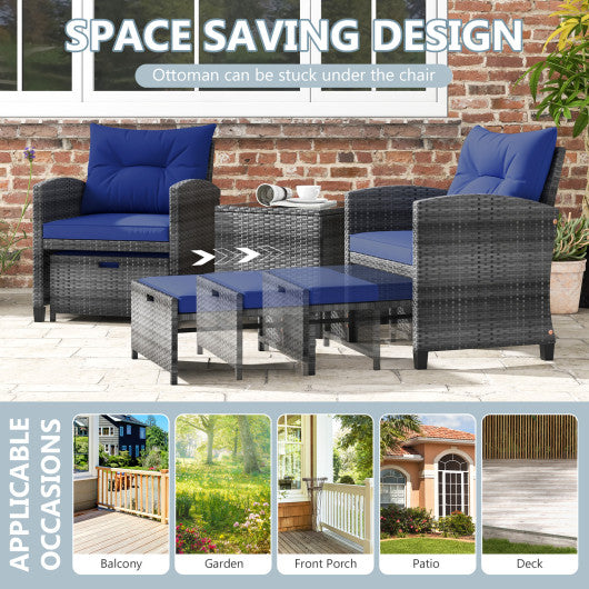 5 Piece Patio Rattan Furniture with 2 Ottomans and Tempered Glass Coffee Table-Navy