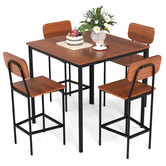 5 Pieces Industrial Dining Table Set with Counter Height Table and 4 Bar Stools-Dark Brown