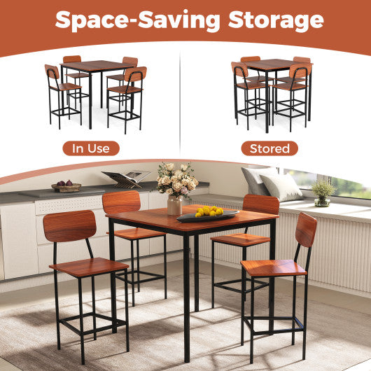 5 Pieces Industrial Dining Table Set with Counter Height Table and 4 Bar Stools-Dark Brown