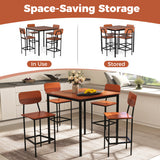 5 Pieces Industrial Dining Table Set with Counter Height Table and 4 Bar Stools-Dark Brown
