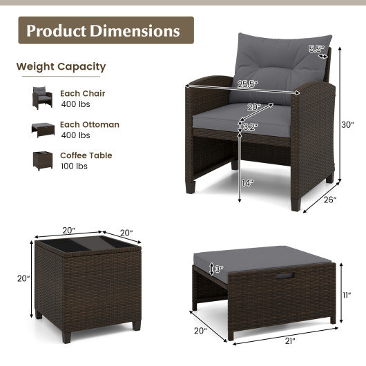5 Pieces Patio Rattan Furniture with 2 Ottomans and Tempered Glass Coffee Table-Gray