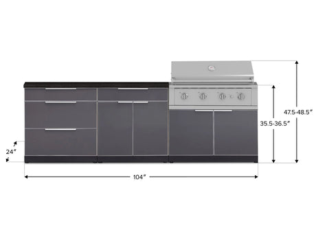 Outdoor Kitchen Aluminum 5 Piece Cabinet Set with 3 Drawer, Bar, Grill Cabinet, Performance Grill and Countertop