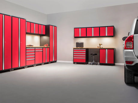 Pro Series 7 Piece Cabinet Set with Base, Wall, Tool Drawer Cabinet, Lockers and 56 In. Worktop
