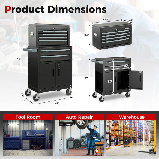 6-Drawer Rolling Tool Storage Chest Cabinet with Universal Wheels and Hooks-Black