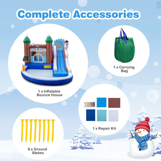 6-in-1 Winter Theme Snowman Inflatable Castle with Slide and Trampoline without Blower