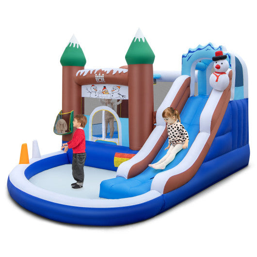 6-in-1 Winter Theme Snowman Inflatable Castle with Slide and Trampoline without Blower