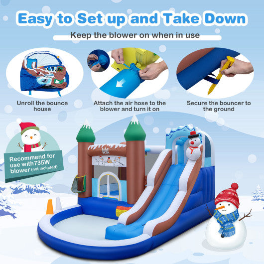 6-in-1 Winter Theme Snowman Inflatable Castle with Slide and Trampoline without Blower