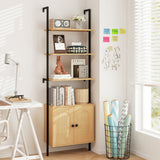 72.5 Inch 6-Tier Wall Mounted Ladder Bookshelf with Rattan Cabinet-Natural