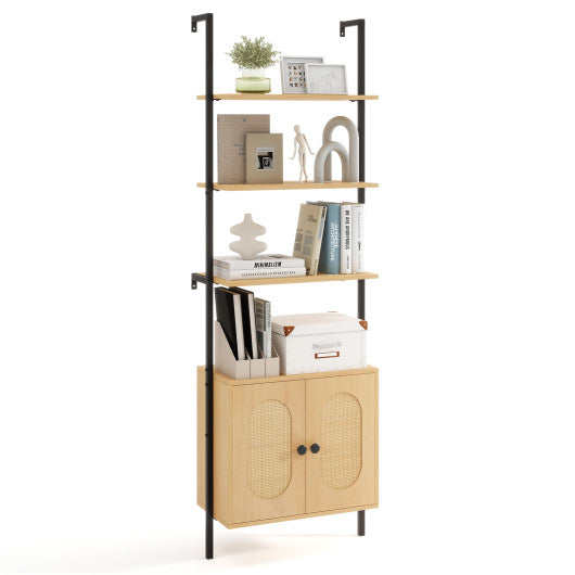 72.5 Inch 6-Tier Wall Mounted Ladder Bookshelf with Rattan Cabinet-Natural