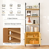 72.5 Inch 6-Tier Wall Mounted Ladder Bookshelf with Rattan Cabinet-Natural