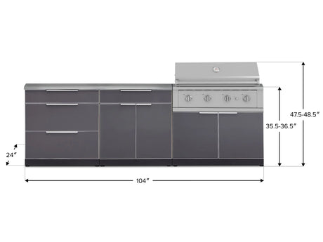 Outdoor Kitchen Aluminum 5 Piece Cabinet Set with 3 Drawer, Bar, Grill Cabinet, Performance Grill and Countertop