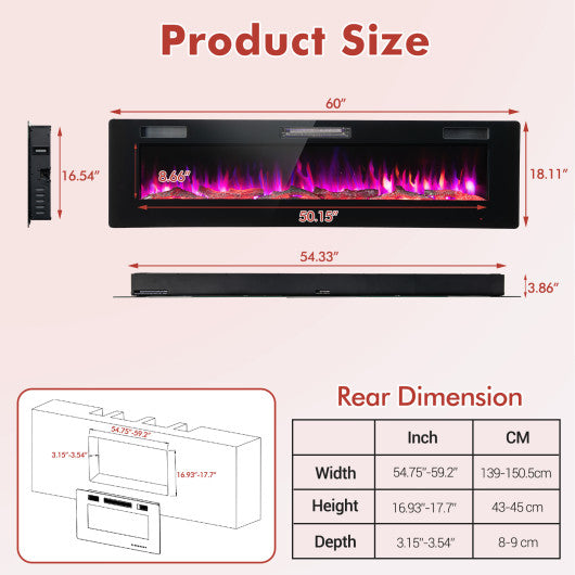 60 Inches Ultra-thin Electric Fireplace with Remote Control and Timer Function