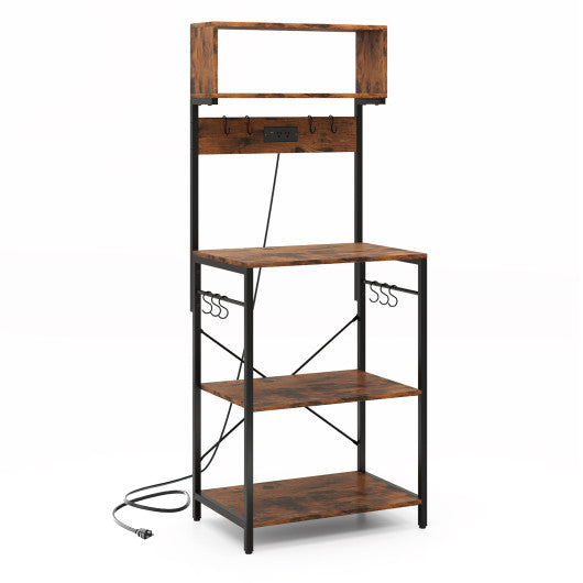 60 Inch Tall Microwave Stand with Open Shelves and 10 Hanging Hooks-Rustic Brown