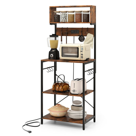 60 Inch Tall Microwave Stand with Open Shelves and 10 Hanging Hooks-Rustic Brown