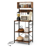 60 Inch Tall Microwave Stand with Open Shelves and 10 Hanging Hooks-Rustic Brown