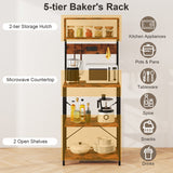 60 Inch Tall Microwave Stand with Open Shelves and 10 Hanging Hooks-Rustic Brown