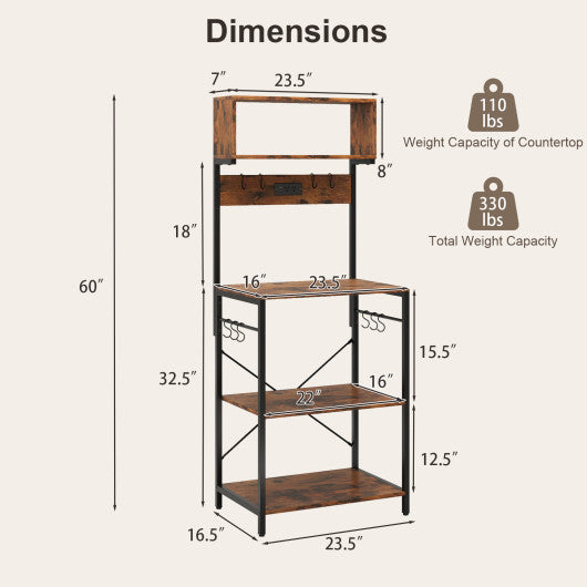 60 Inch Tall Microwave Stand with Open Shelves and 10 Hanging Hooks-Rustic Brown