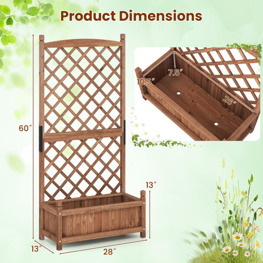 60 Inch Tall Raised Garden Bed with Diamond Lattice Trellis and Drainage Holes-Brown