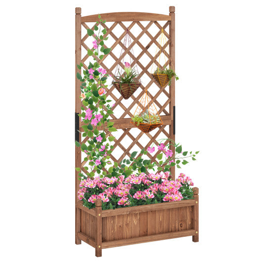 60 Inch Tall Raised Garden Bed with Diamond Lattice Trellis and Drainage Holes-Brown