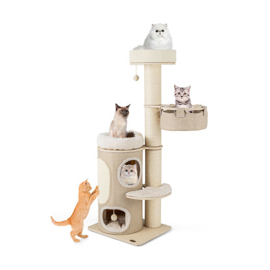 61 Inches Cat Tree for Indoor Cats with 2-stoery Condo and Top Perch-Natural