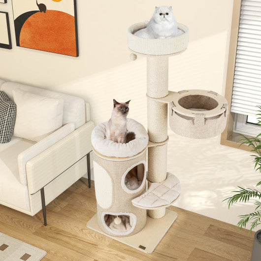 61 Inches Cat Tree for Indoor Cats with 2-stoery Condo and Top Perch-Natural