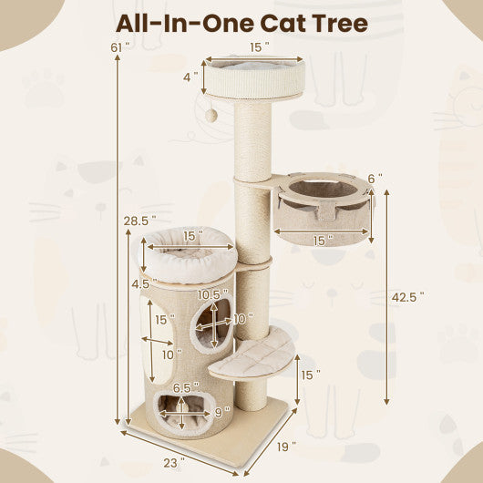 61 Inches Cat Tree for Indoor Cats with 2-stoery Condo and Top Perch-Natural