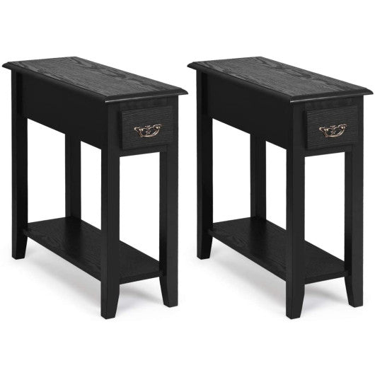 2 Pieces 2 Tier Sofa Side End Table with Drawer and Open Shelf-Black
