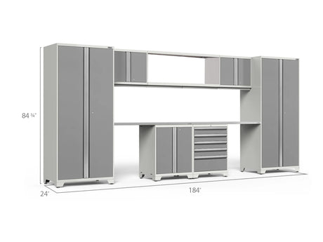 Pro Series 9 Piece Cabinet Set with Wall, Base, Tool Drawer Cabinet, 56 In. Integrated Shelf and 112 In. Worktop