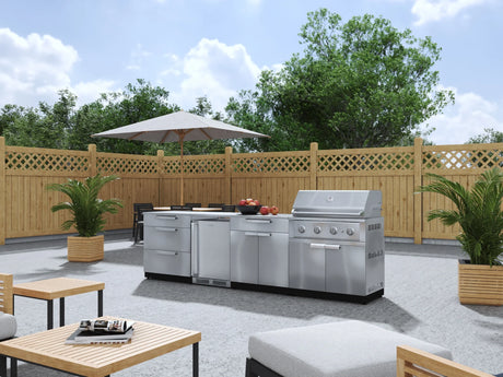 Outdoor Kitchen Stainless Steel 7 Piece Cabinet Set with 3-Drawer, Bar, Grill Cabinet, Performance Grill, Countertop, and Stainless Steel Door Fridge