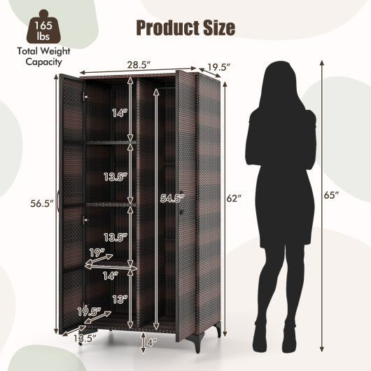 62 Inch Wicker Wardrobe with 2 Doors PE Rattan Closet with Hanging Rod-Brown